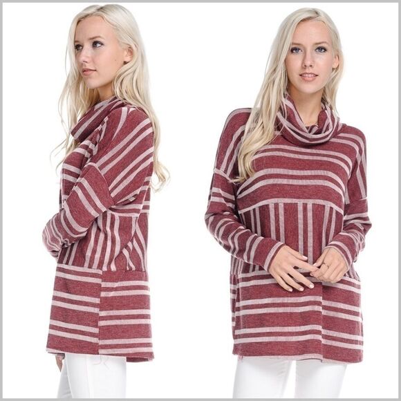 Burgundy Striped Turtleneck Pullover Top - Picture 4 of 8